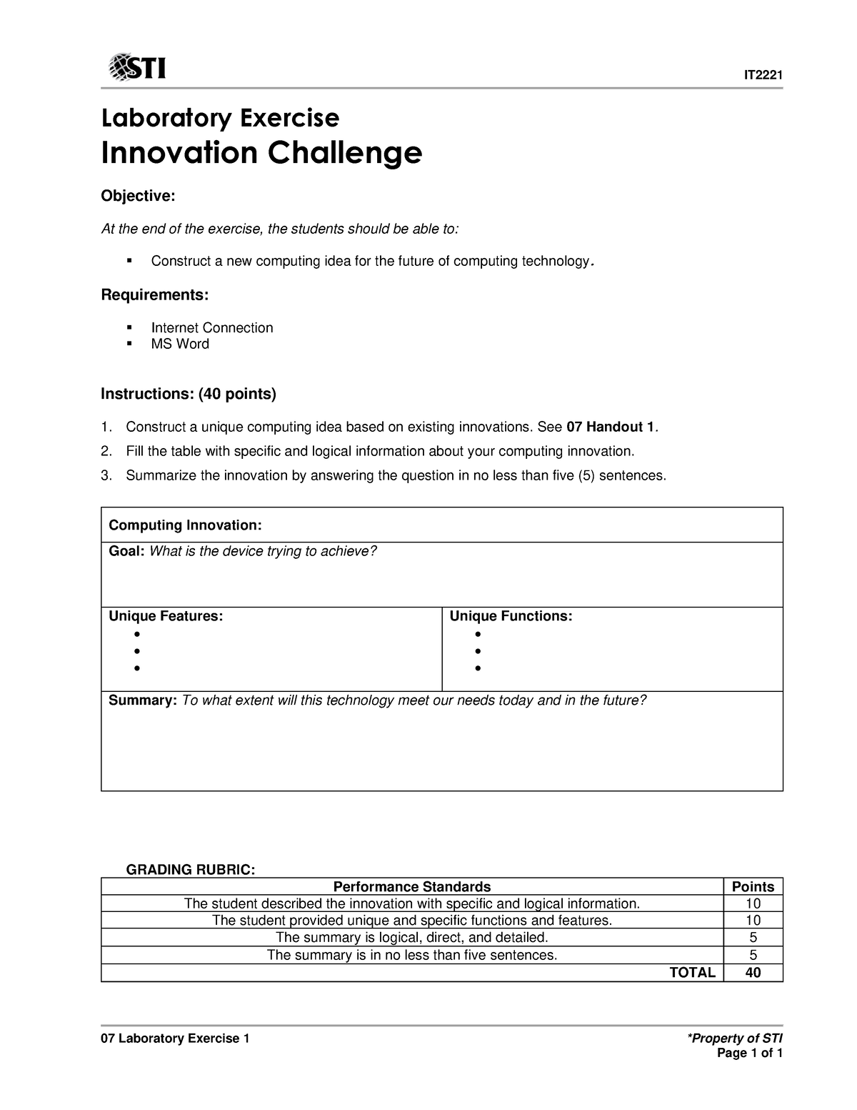 07 Laboratory Exercise 1 - IT 2221 07 Laboratory Exercise 1 *Property ...