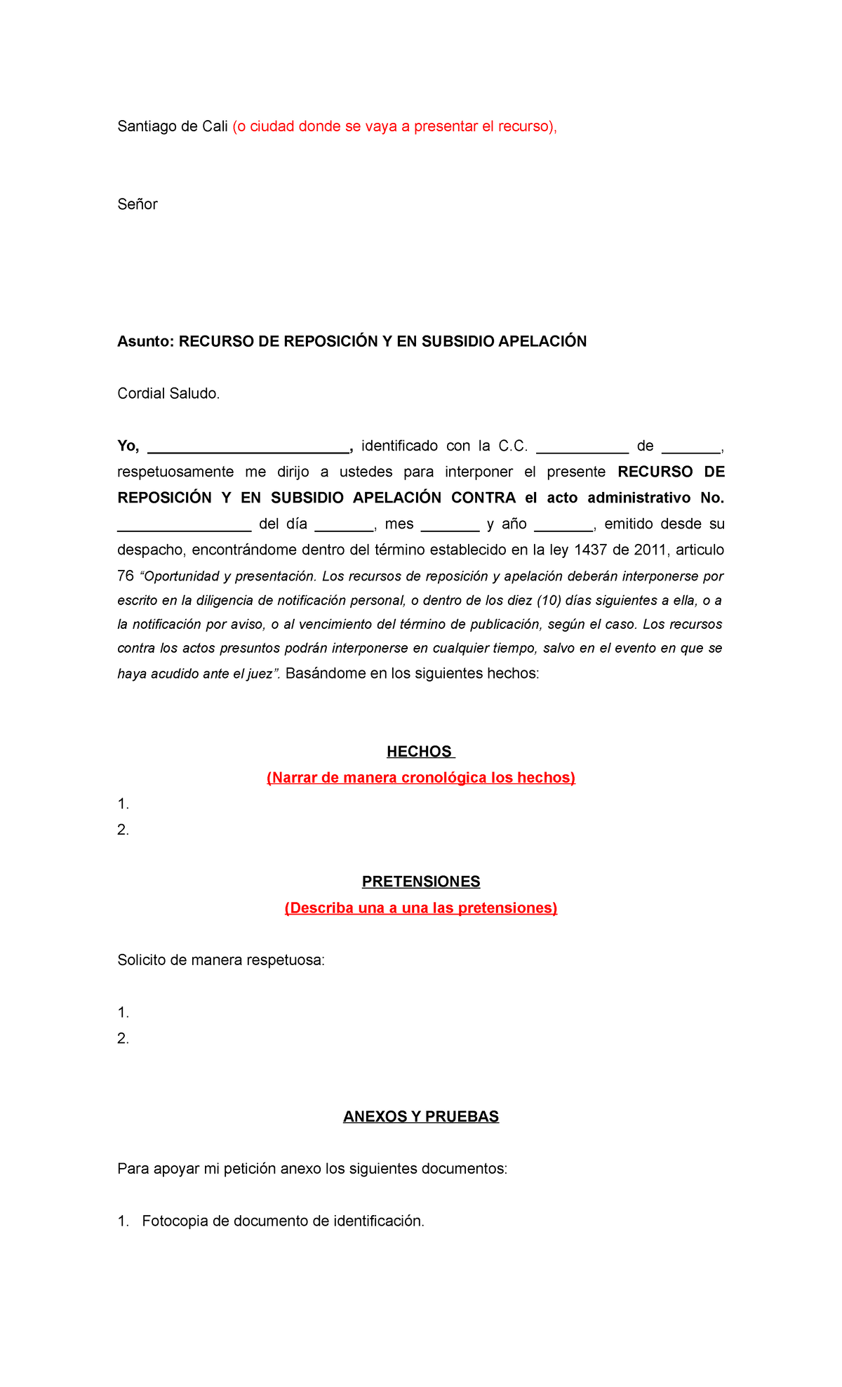 Modelo De Recurso De Reposicion - Santiago De Cali (o Ciudad Donde Se ...