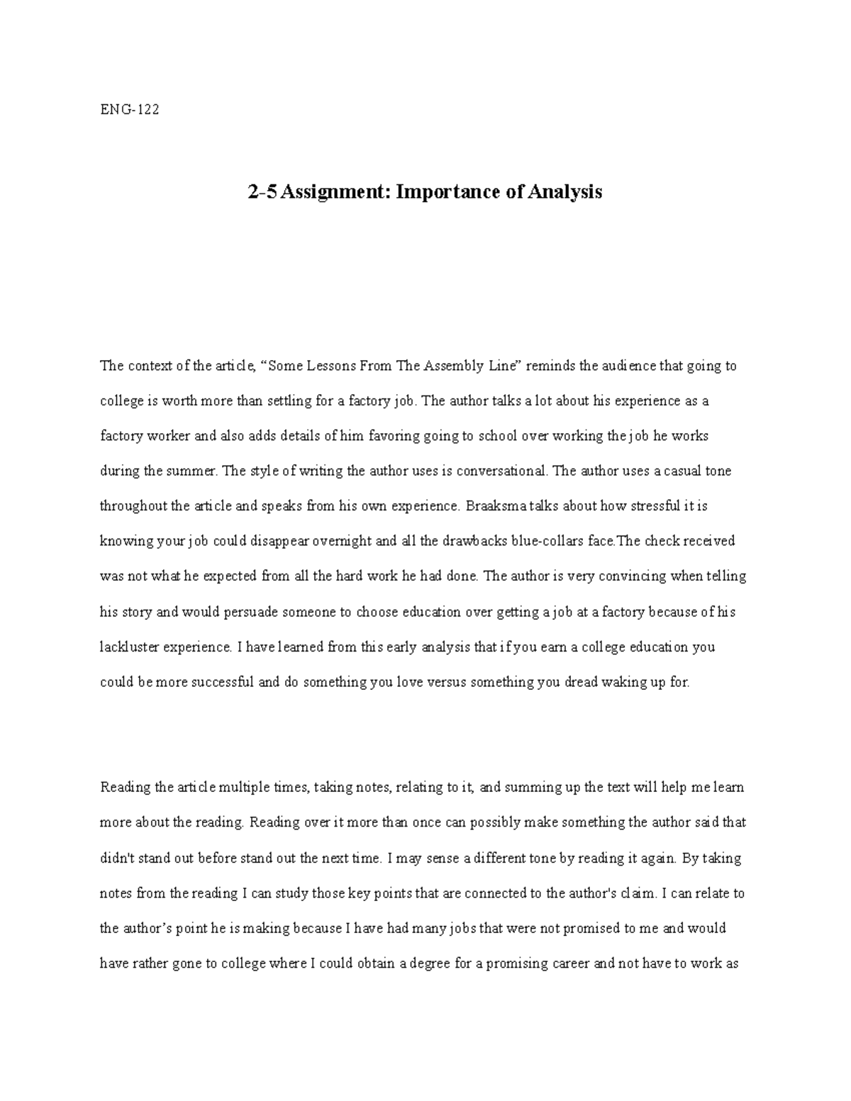 Importance of Analysis in Lessons From The Assembly - Studocu