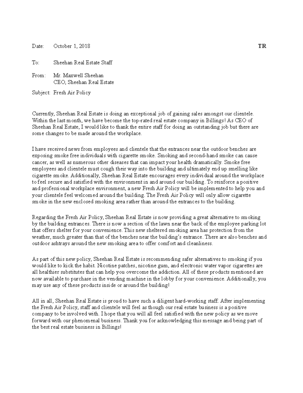 Negative Memo Assignment - Date: October 1, 2018 To: Sheehan Real ...