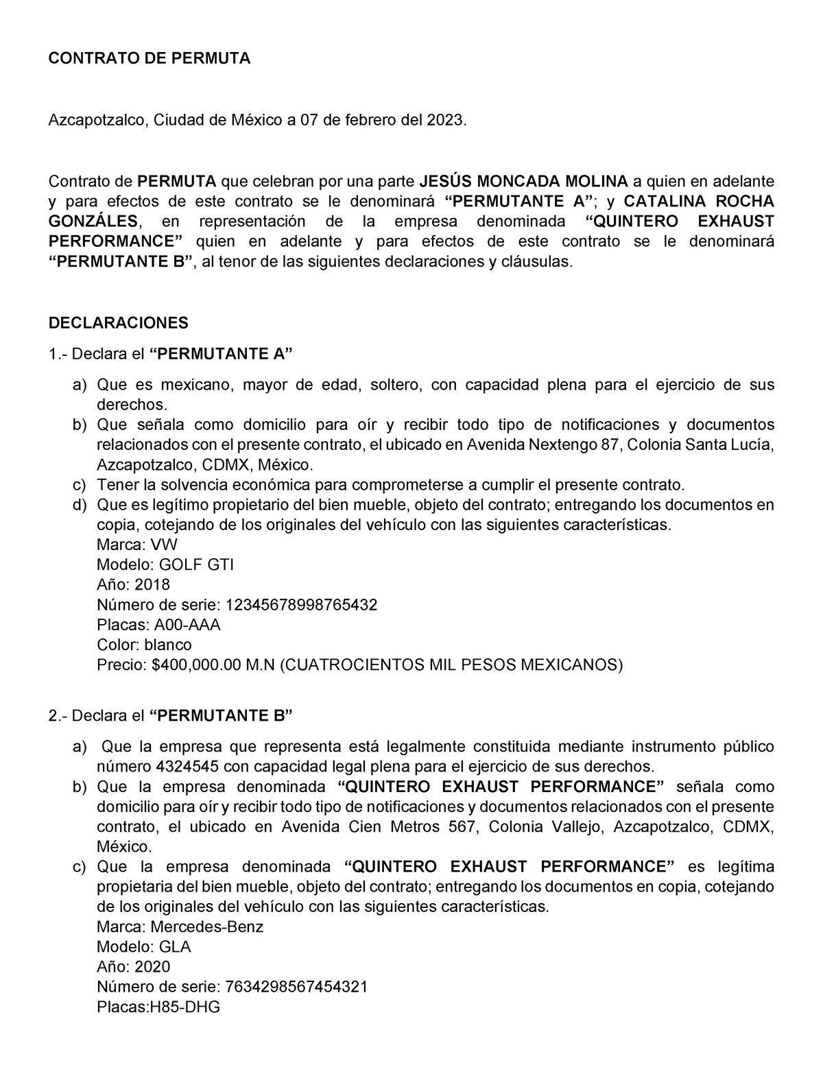 Contrato permuta - CONTRATO DE PERMUTA Azcapotzalco, Ciudad de México a 07  de febrero del 2023. - Studocu