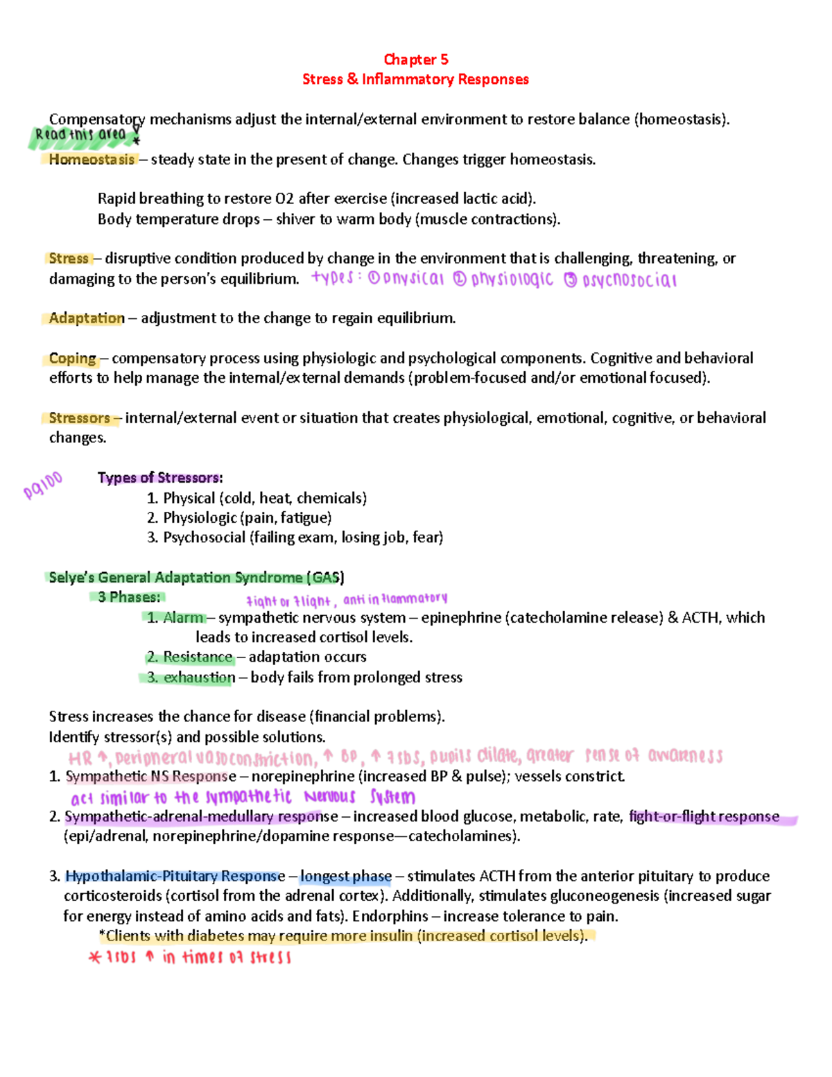 Lecture Notes - Ch. 5 - 8 - Med surg 1 - Stress & Inflammatory ...