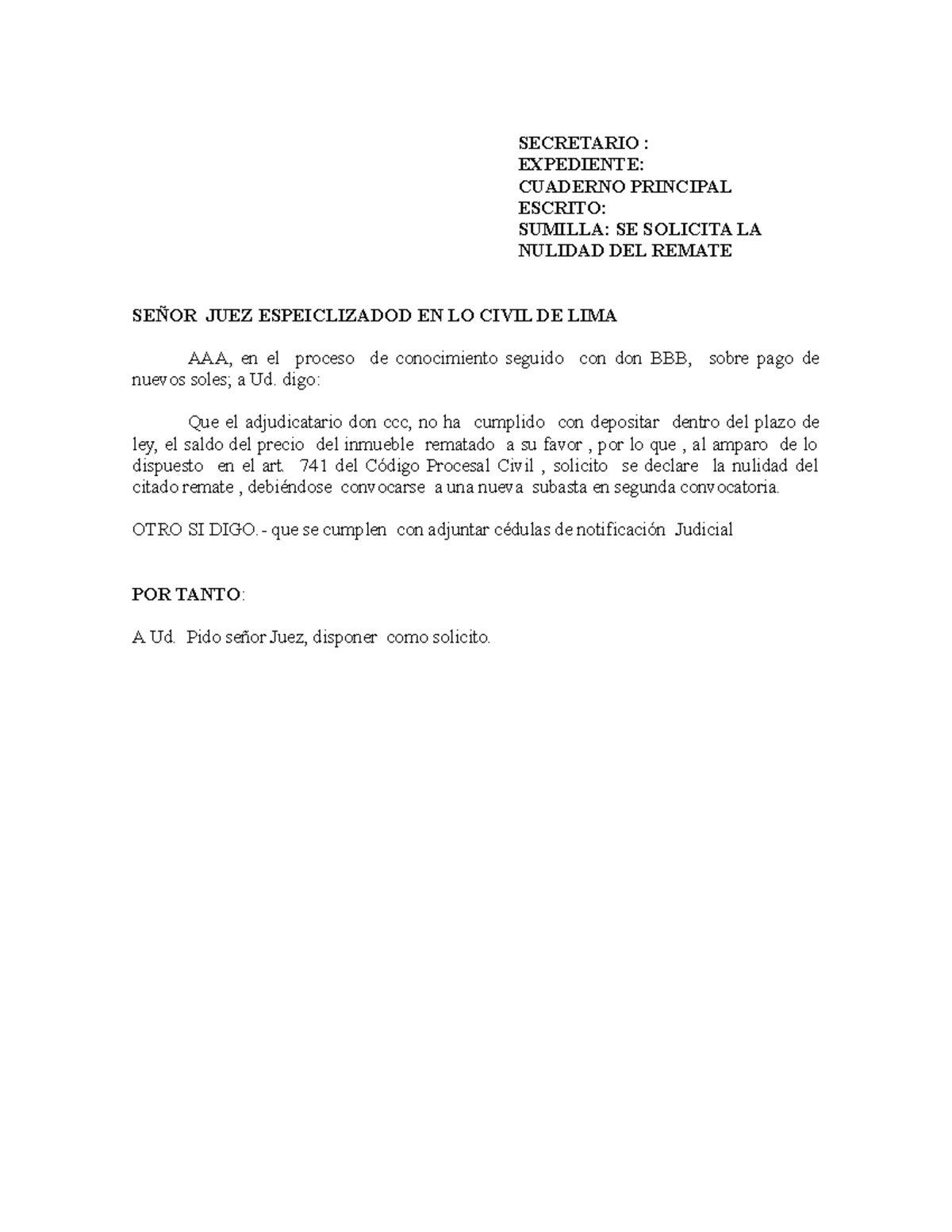 Solicito nulidad 2 - SECRETARIO : EXPEDIENTE: CUADERNO PRINCIPAL ...