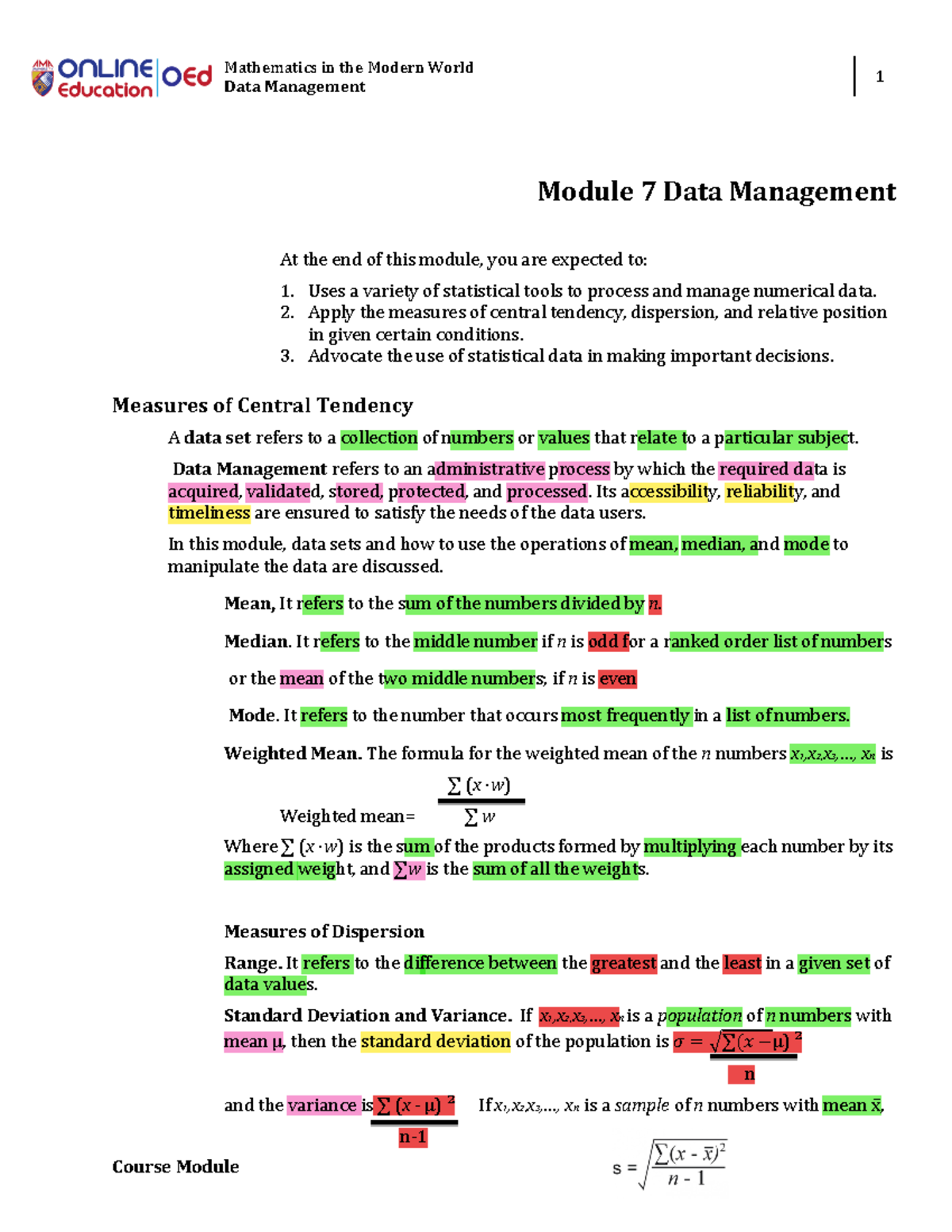 Module 7 Data Management Mathematics in the Modern World Data Management 1 Course Module