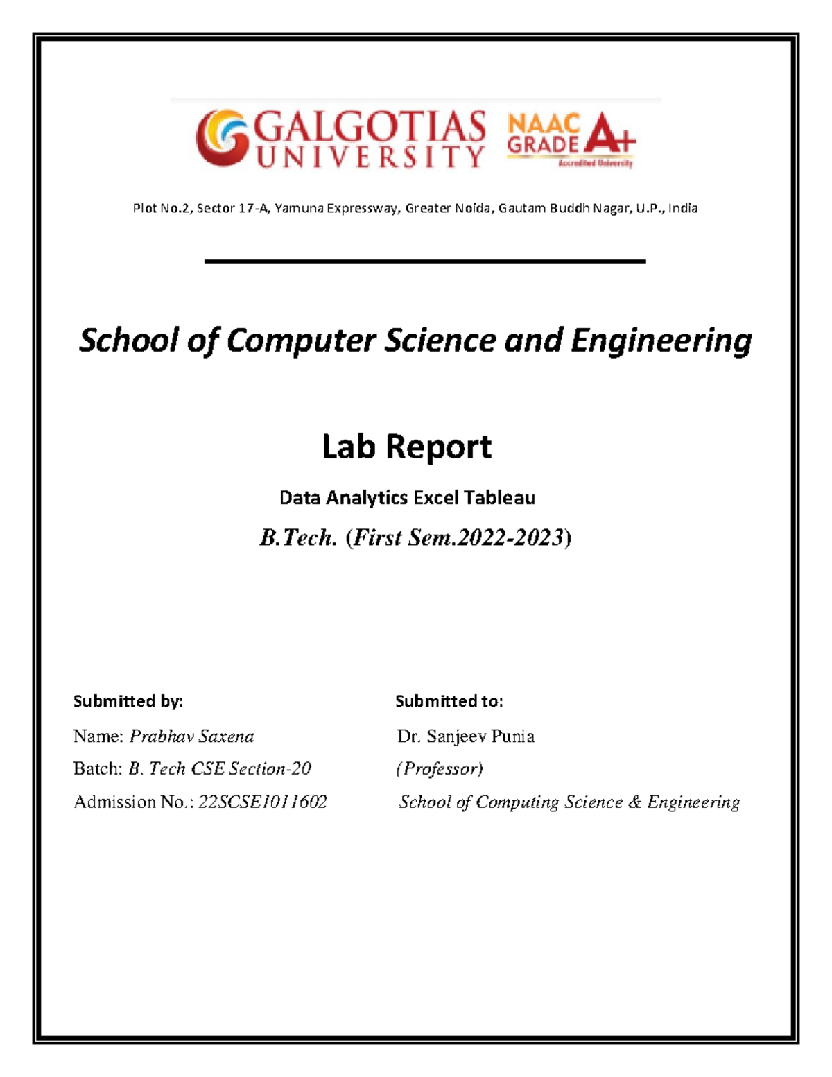 Data Analytics Lab File Plot No, Sector 17A, Yamuna Expressway