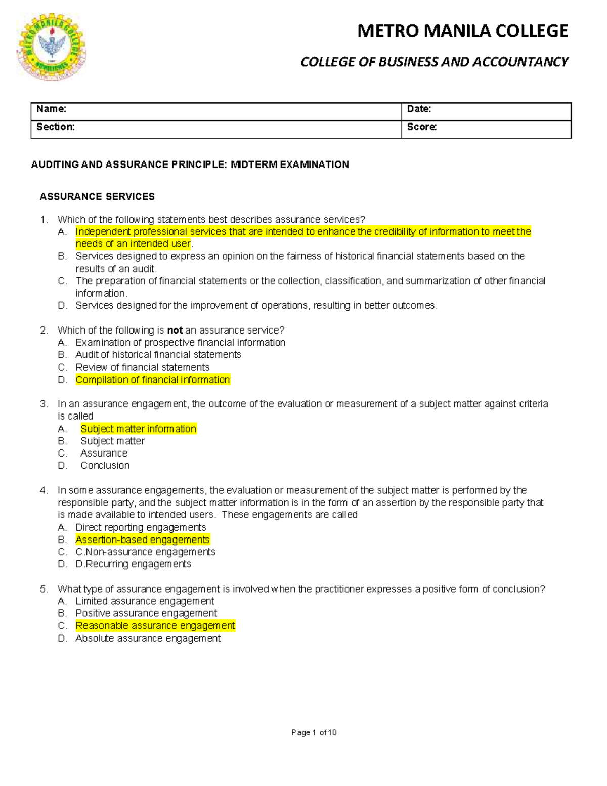 Audit AND Assurance Midterm EXAM WITH Answers - COLLEGE OF BUSINESS AND ...