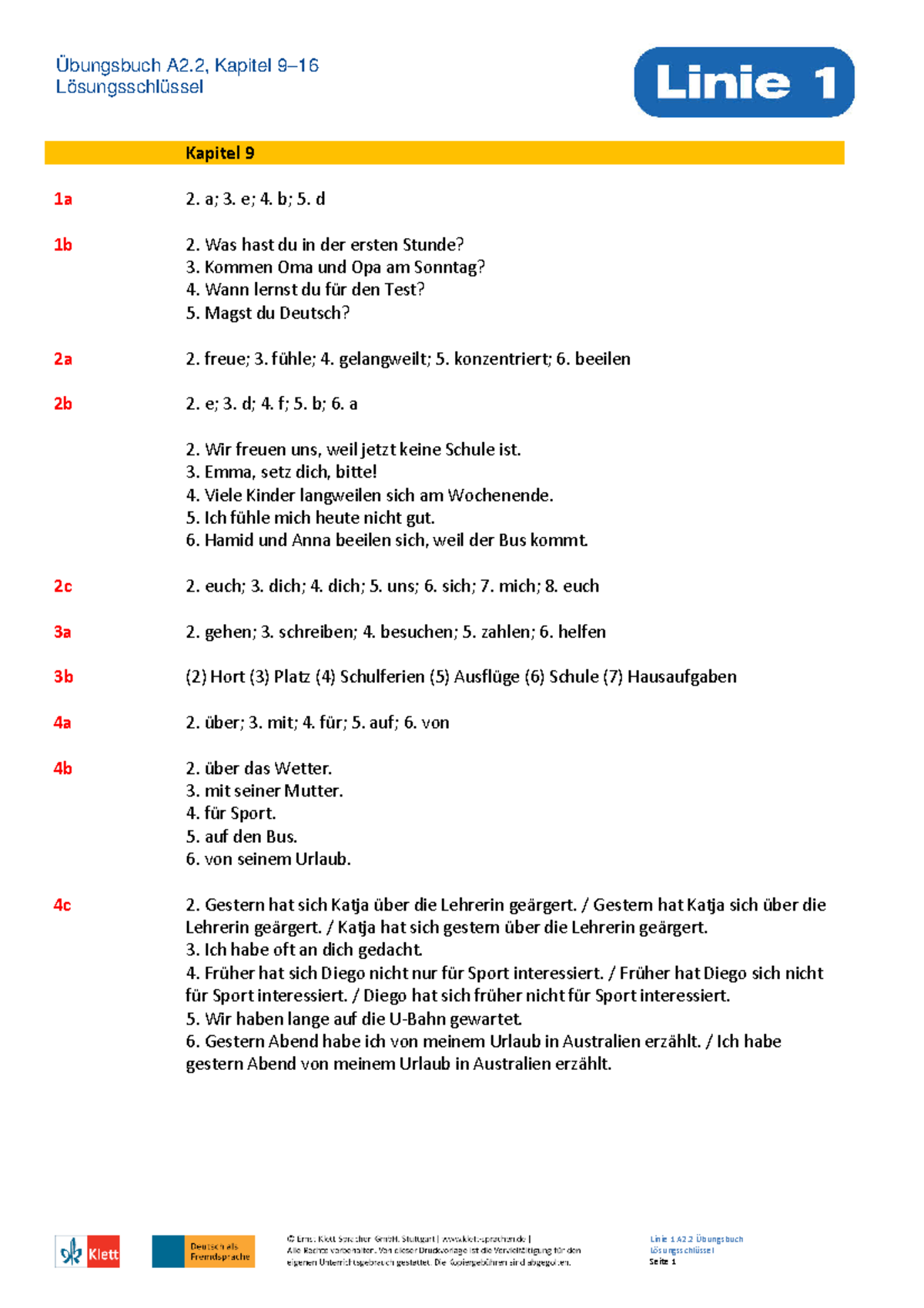 Linie 1 A2 2 AB Loesungen online Lösungsschlüssel Linie 1 A2 Übungsbuch Kapitel 9 1a 2. a; 3
