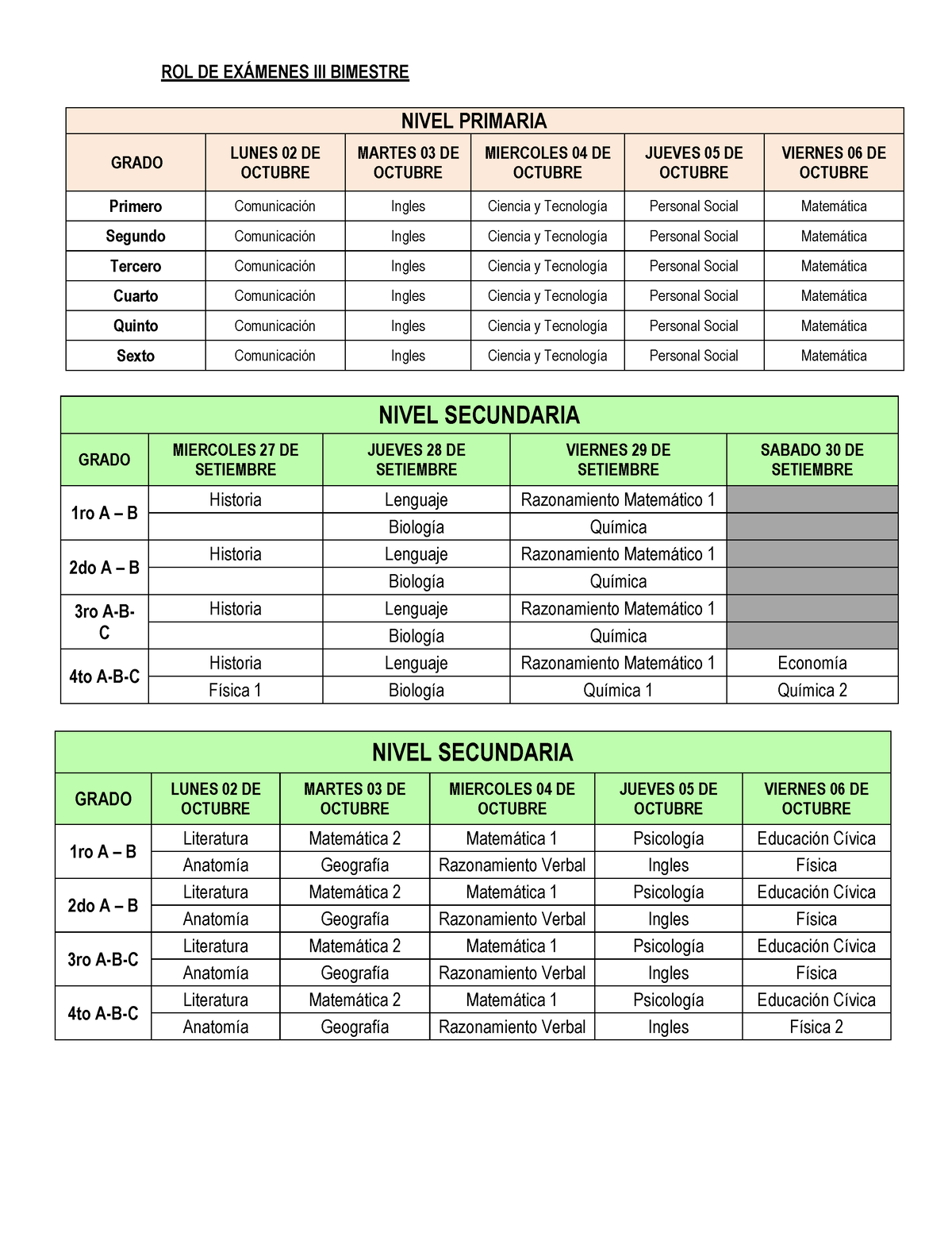 ROL DE Examenes III Bimestre - ROL DE EX¡MENES III BIMESTRE NIVEL ...