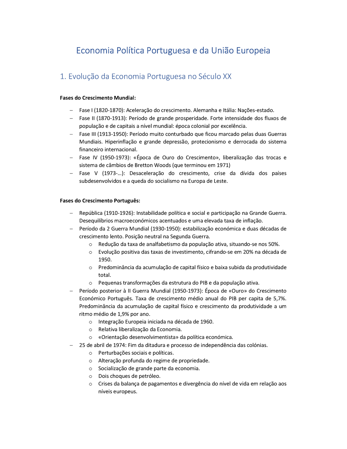 Resumo De Economia Economia Política Portuguesa E Da União Europeia 1 Evolução Da Economia 2981