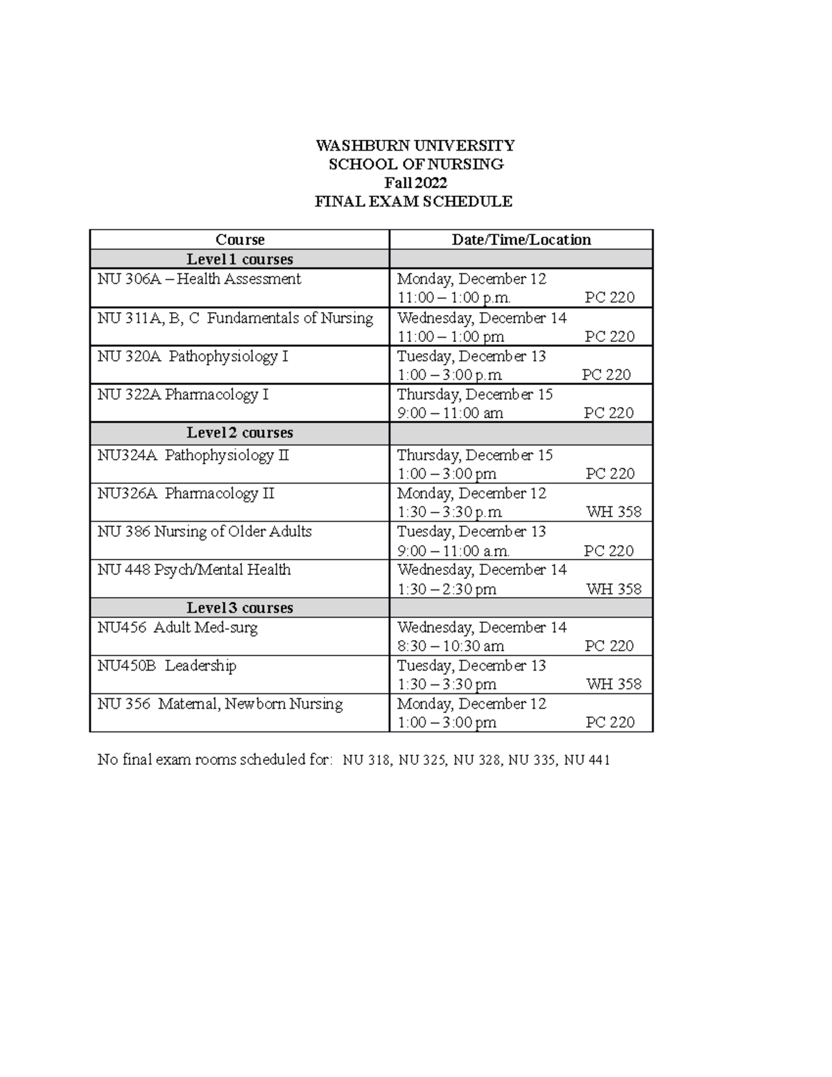 Fall 2022 Finals Schedule WASHBURN UNIVERSITY FINAL EXAM SCHEDULE