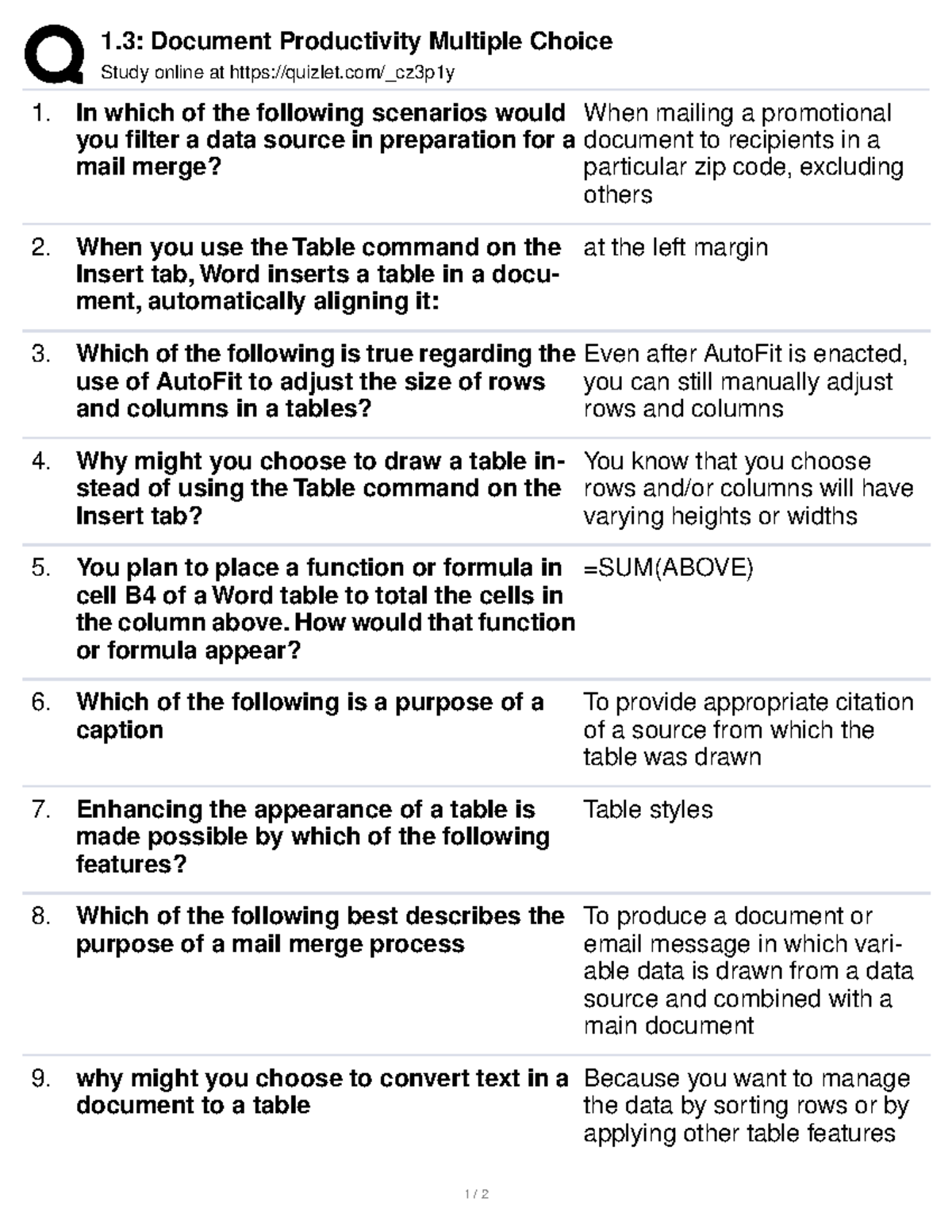 1.3 Document Productivity Multiple Choice - 1: Document Productivity ...