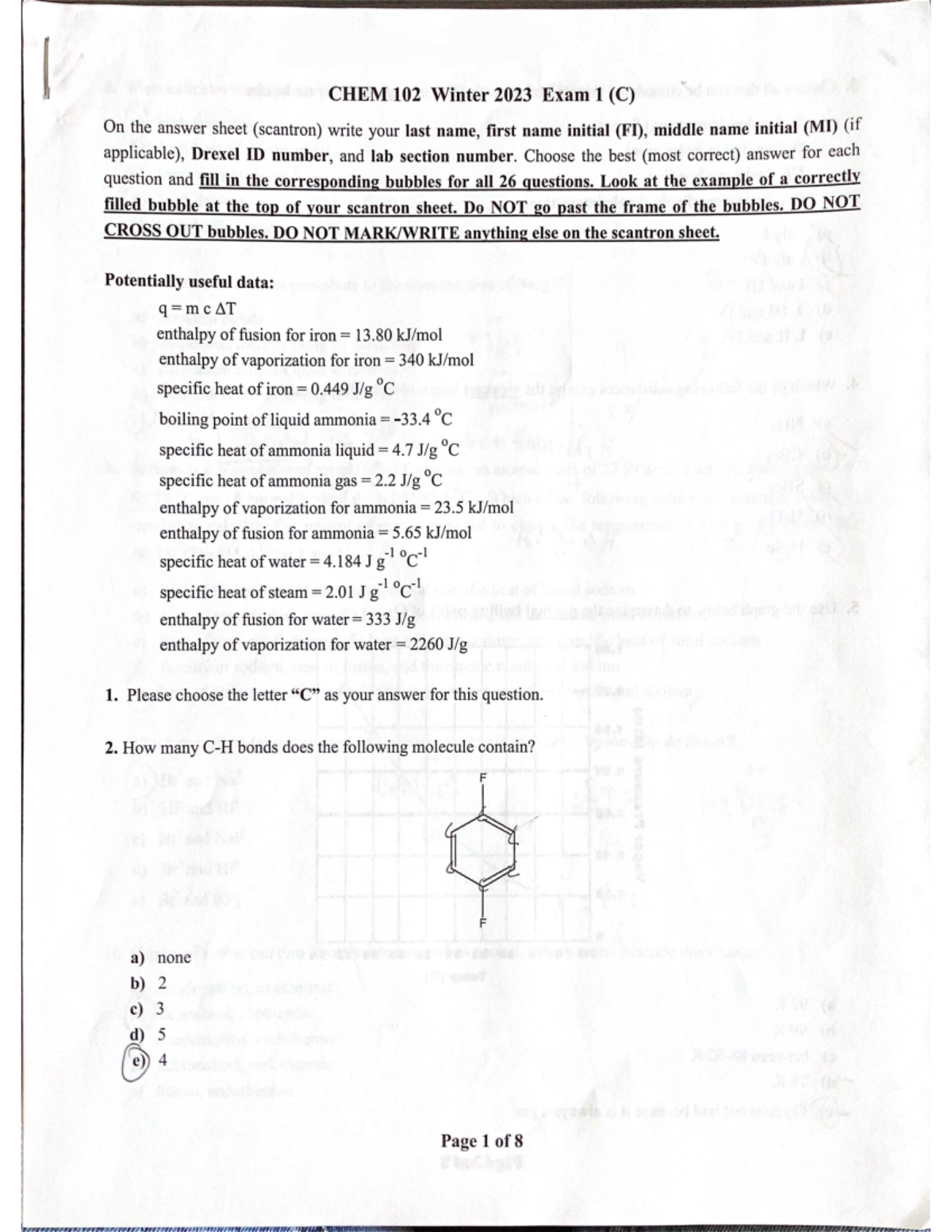 CHEM 102 Winter 2023 Exam (C) - CHEM 102 Winter 2023 Exam (C) On The ...