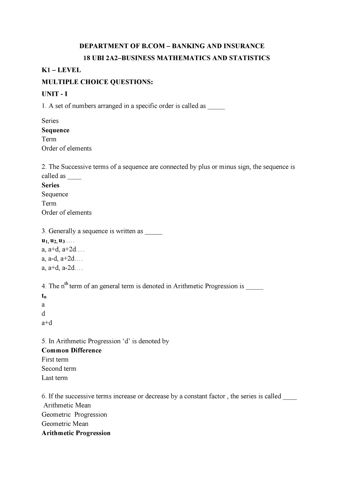 B - Mcqs - DEPARTMENT OF B – BANKING AND INSURANCE 1 8 UBI 2A2–BUSINESS ...