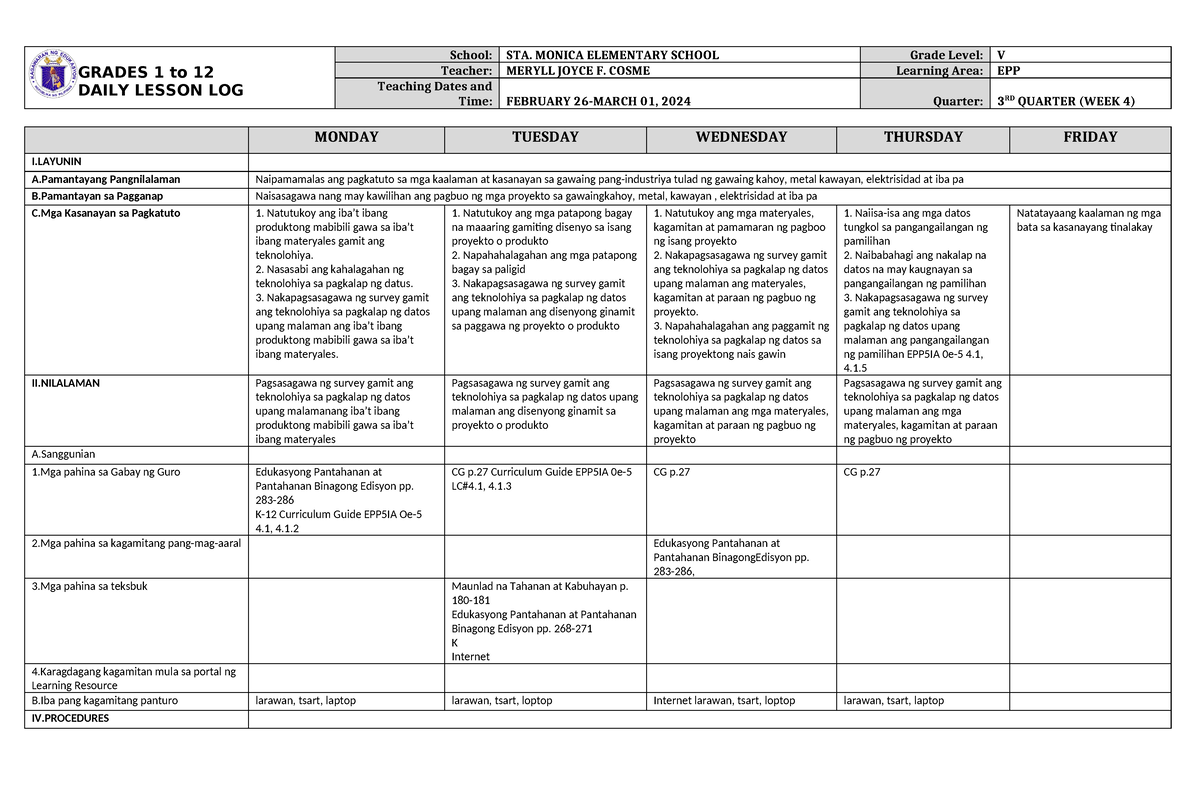 Dll Epp 5 Q3 W4 Dll Grades 1 To 12 Daily Lesson Log School Sta Monica Elementary School 2070