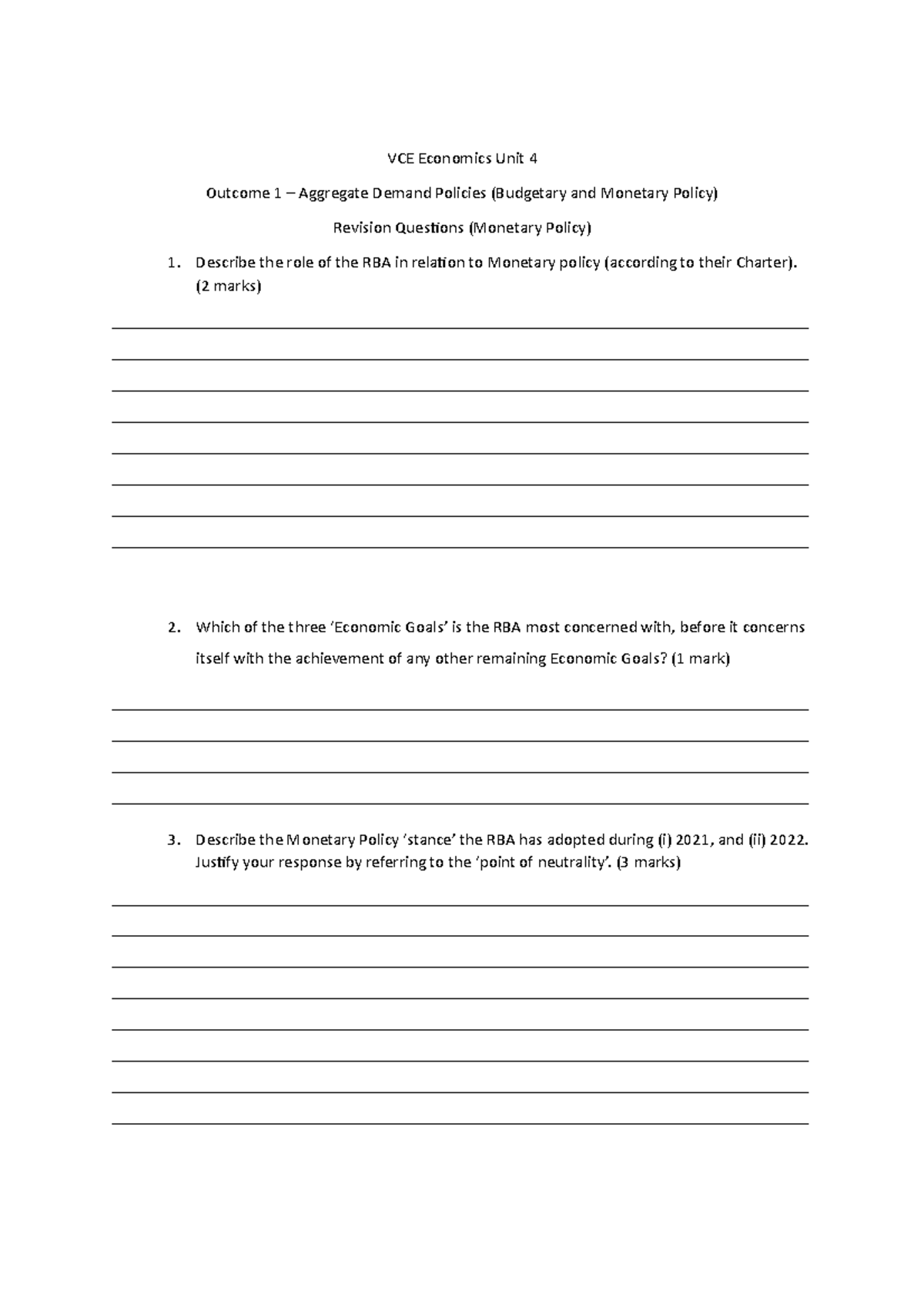 Outcome 1 (monetary plcy only) Revision Qu's - VCE Economics Unit 4 ...