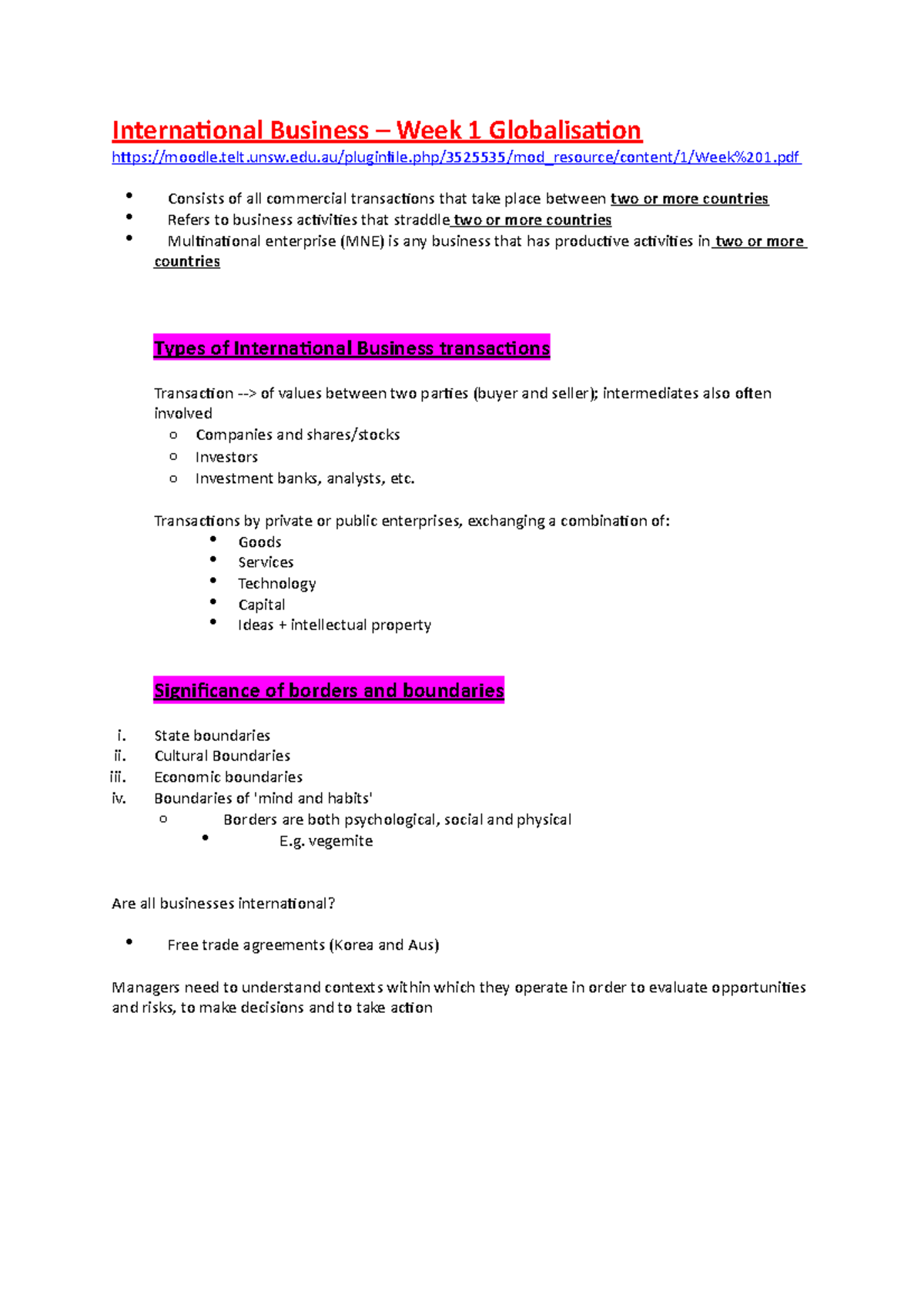 Week 1 - Globalisation - Lecture notes 1 - International Business ...