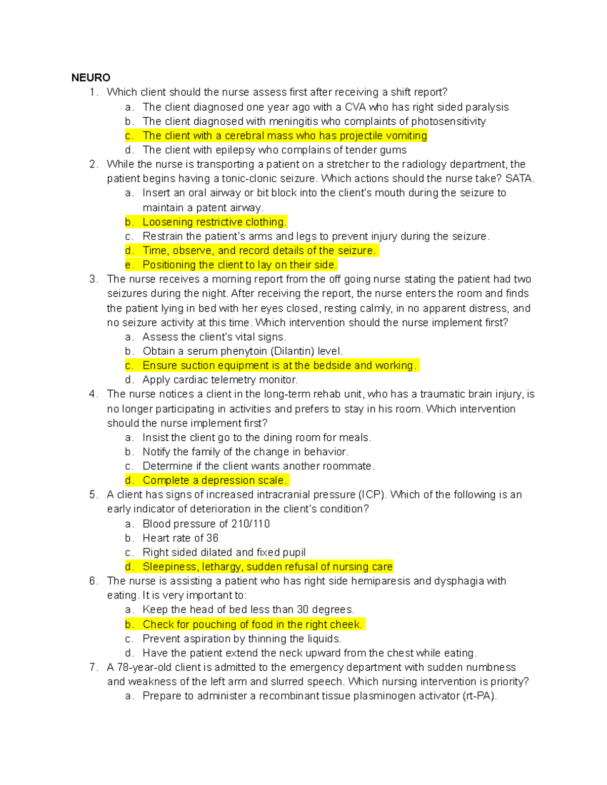 MedSurg B Sample Quiz Questions - NEURO Which Client Should The Nurse ...