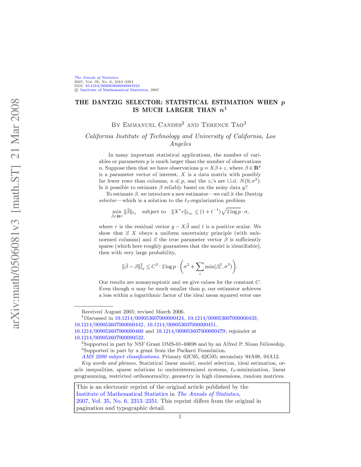 The Dantzig Selector Statistical Estimat - ArXiv:math/0506081v3 [math ...