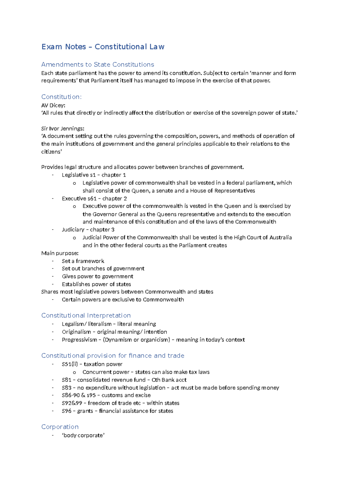 Exam Notes - Constitutional Law - Exam Notes – Constitutional Law ...