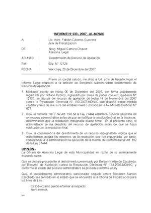 Modelo de Informe de Desistimeinto - INFORME N° 233 - 2007 - AL-MDW/C A :  Lic. Adm. Fabián Cáceres - Studocu