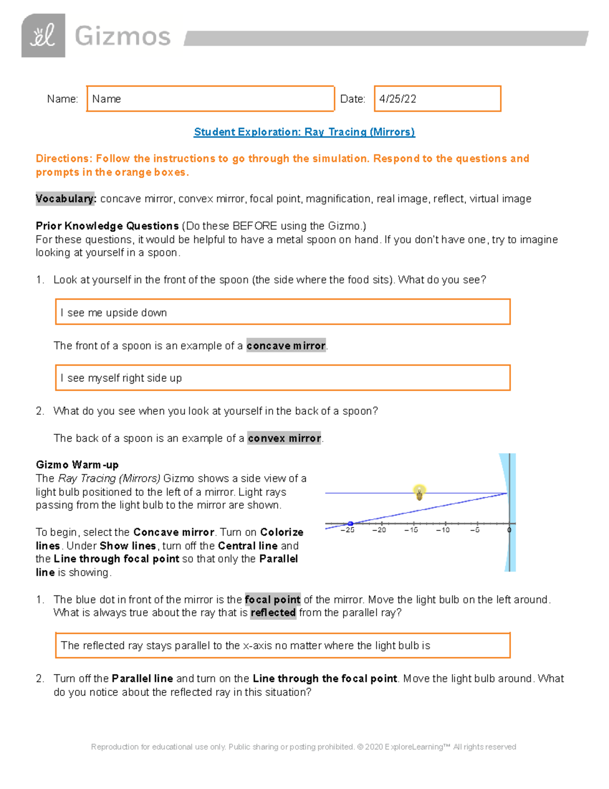 Ray Tracing (Mirror + Lens) Gizmo Student Guide Name Name Date 4/25