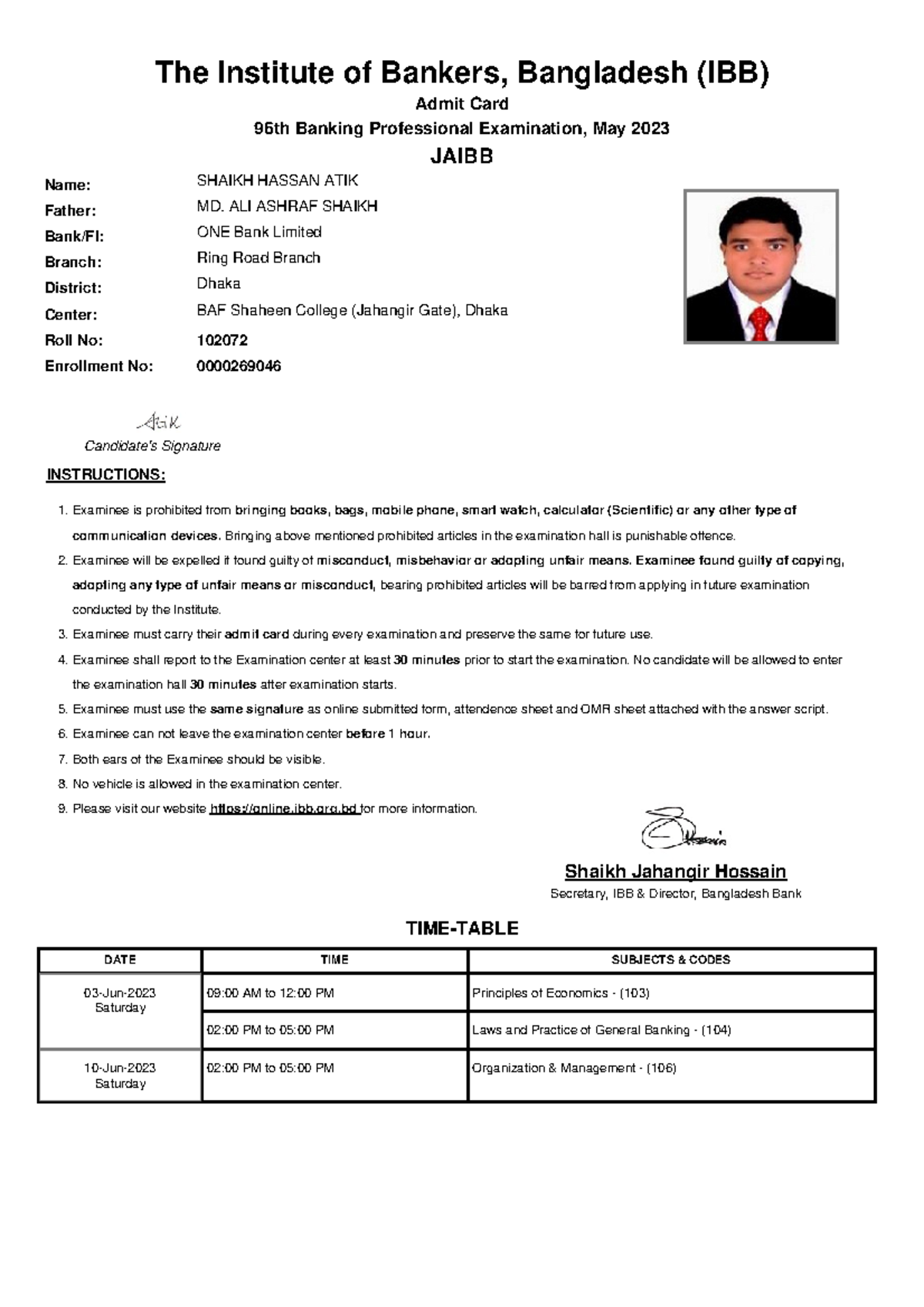 96 102072 Admit Card - The Institute of Bankers, Bangladesh (IBB) Admit ...