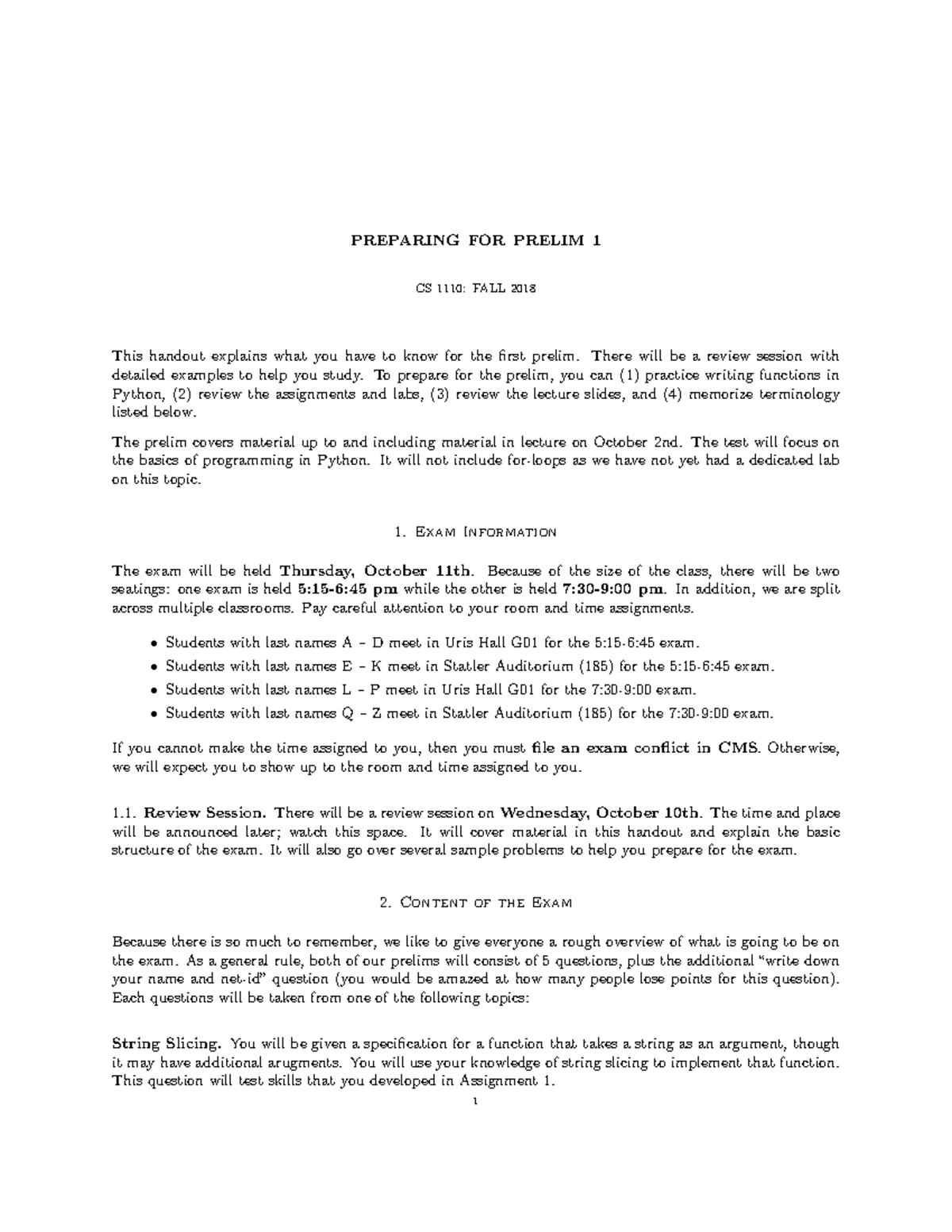 Prelim 1-study-guide - PREPARING FOR PRELIM 1 CS FALL 2018 This handout ...