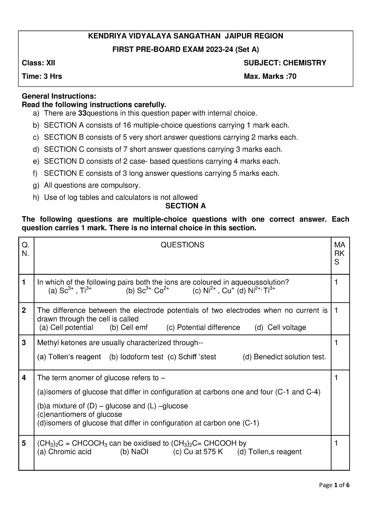 CHEM XII PB 1 QP SET A - KENDRIYA VIDYALAYA SANGATHAN JAIPUR REGION ...