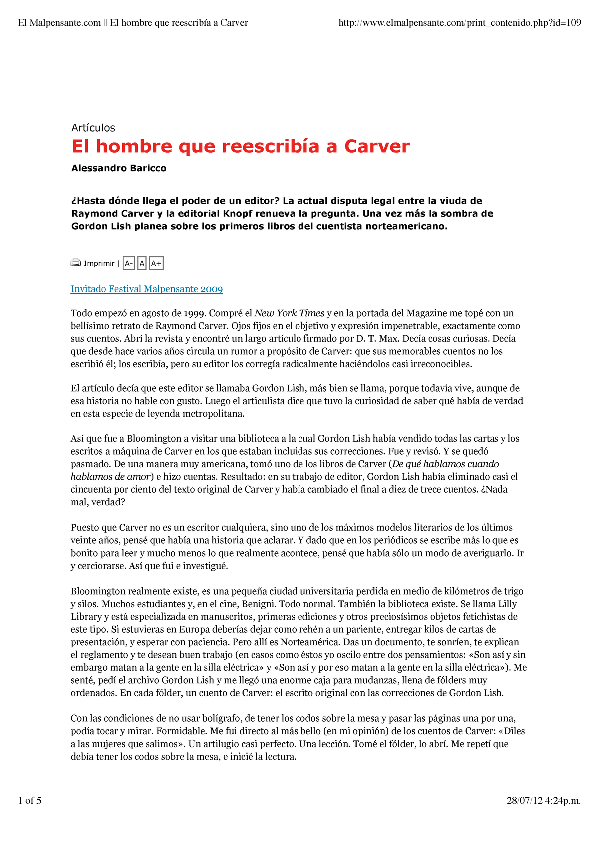 4. El  El hombre que reescribía a Carver - Artículos El  hombre que reescribía a - Studocu