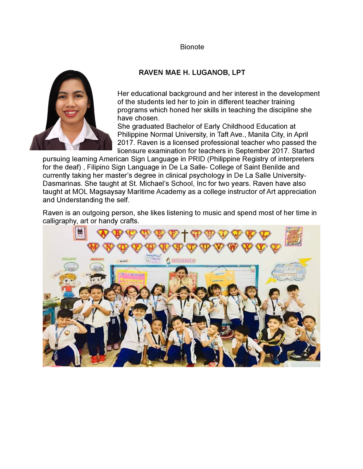 Raven Mae Luganob-BIONOTE. - Bionote RAVEN MAE H. LUGANOB, LPT Her ...