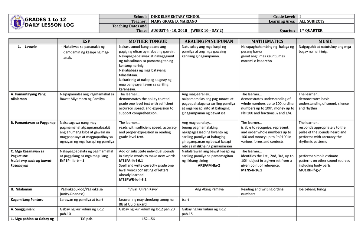 DLL ALL Subjects 1 Q1 W10 D2 - life science - Diosdado Macapagal High ...