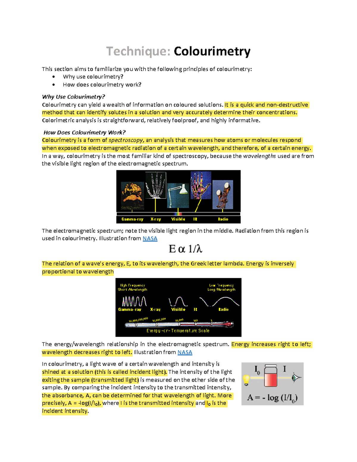 Technique - Using Colourimerty - Technique: Colourimetry This section ...