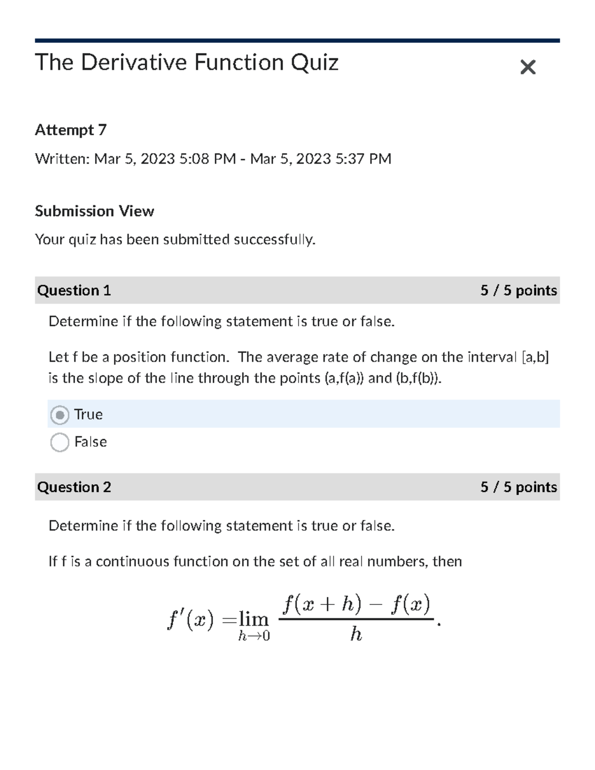 The Derivative Function Quiz Spring 2023 Calculus I (MATH144101F) Southern