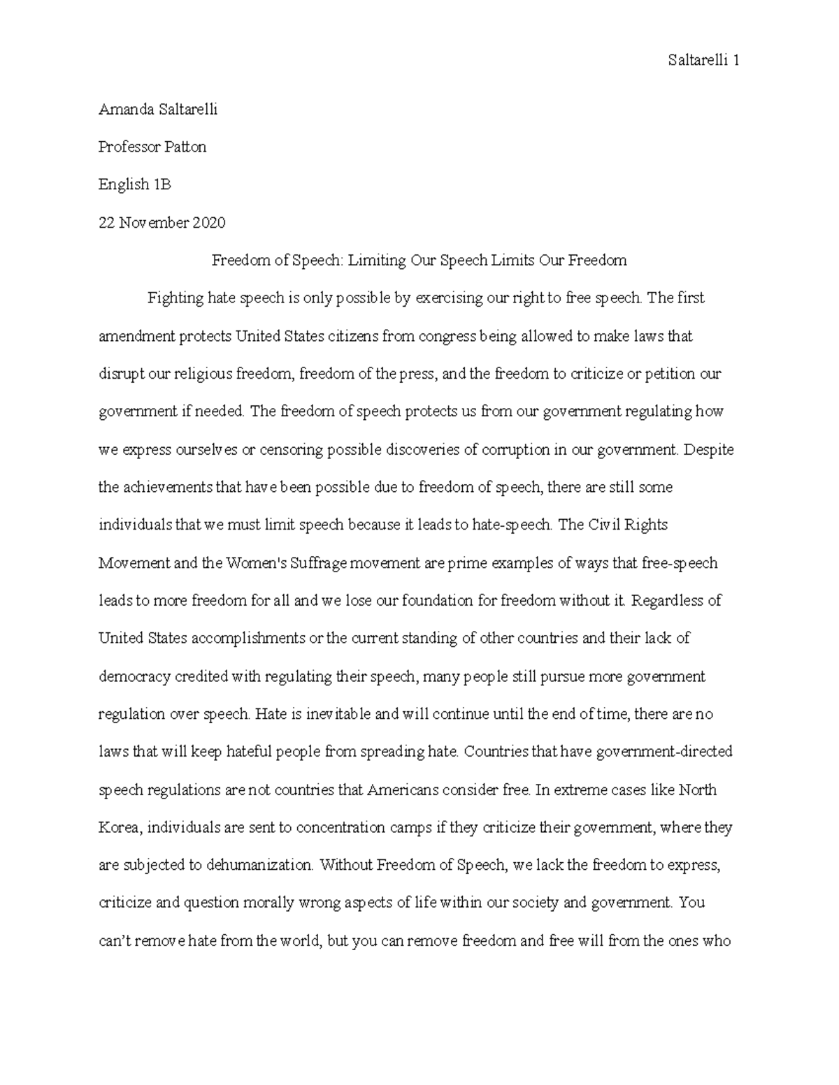 Essay Four Freedom of Speech - Amanda Saltarelli Professor Patton ...