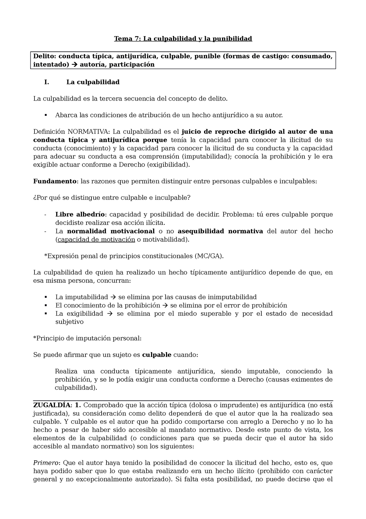 Tema 11 - Culpabilidad Y Punibilidad - Tema 7: La Culpabilidad Y La ...