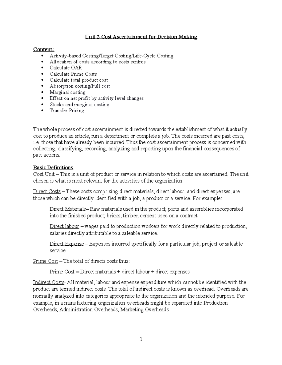 Unit 2 Cost Ascertainment for Decision Making - short (1) - Management ...