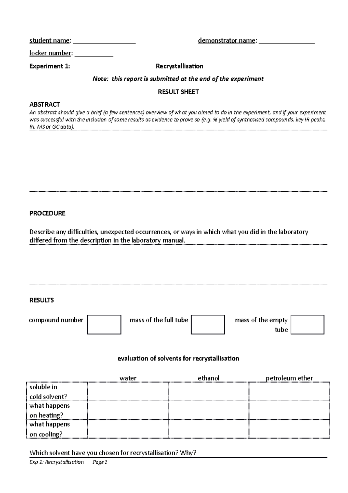 Organic chemistry 1-lab work sheets-Autumn-2022 - student name ...