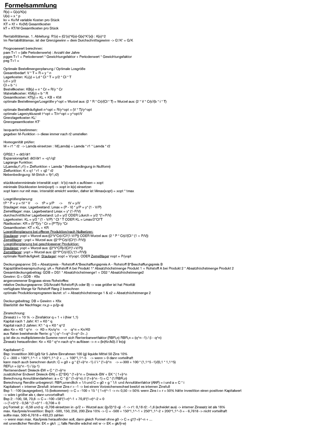 Formelsammlung Wiwi Formelsammlung R X G X K X U X X P Kv Kv M Variable Kosten Pro Studocu