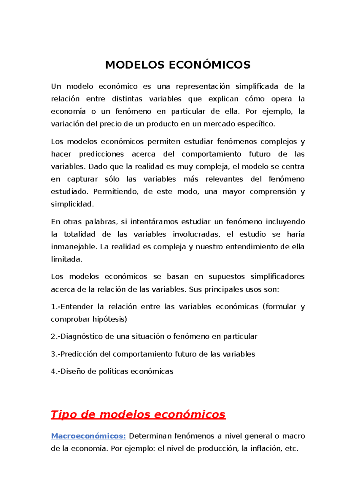 Modelos Economicos - ensayo de economia - MODELOS ECONÓMICOS Un modelo ...