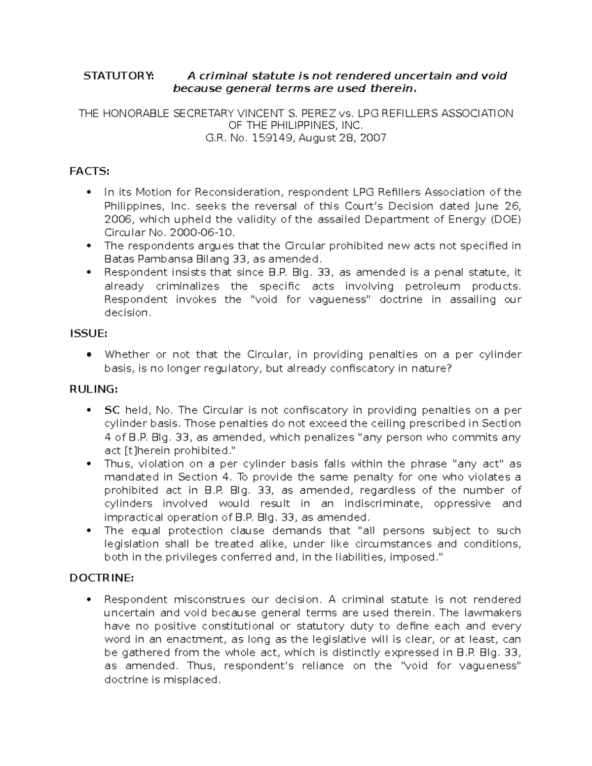 1digest- Sec. Perez Vs. Lpg Refillers - Statutory: A Criminal Statute 