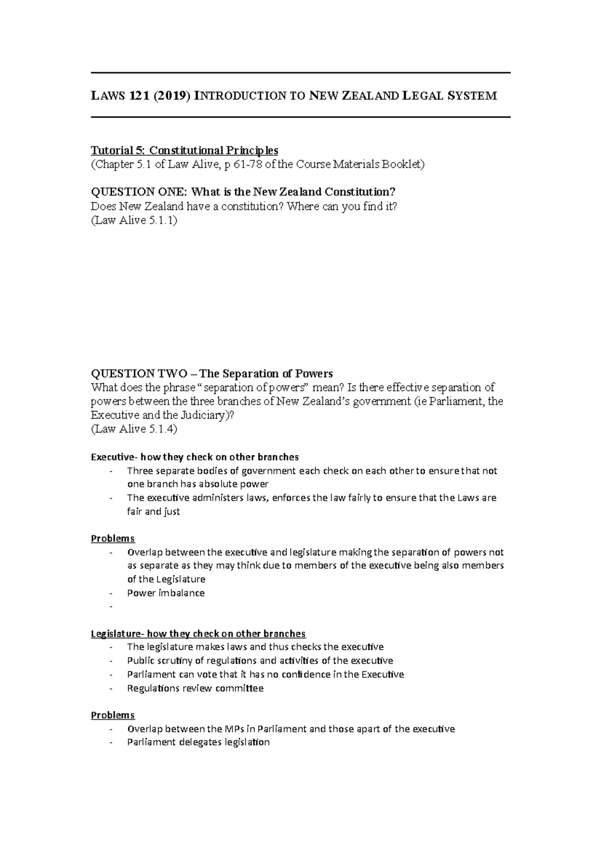 Laws121 Tutorial Question - LAWS 121 (2019) INTRODUCTION TO NEW ZEALAND ...