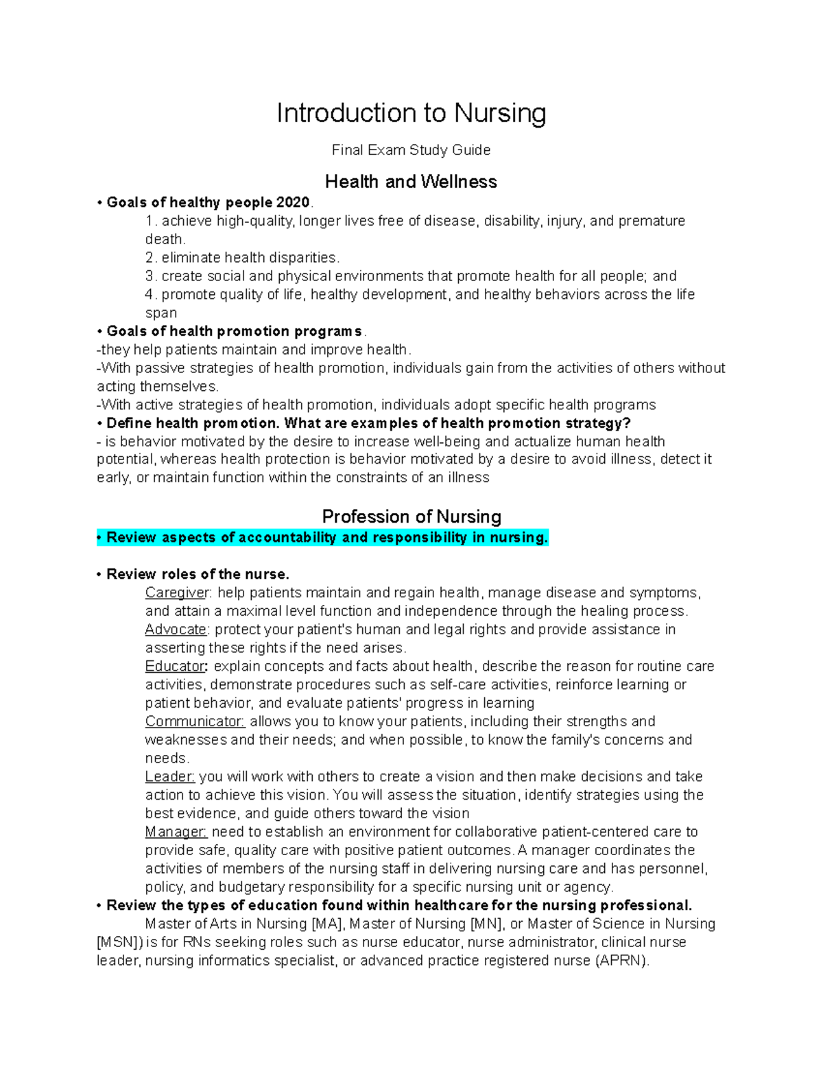 Intro Final Study Guide Introduction To Nursing Final Exam Study 