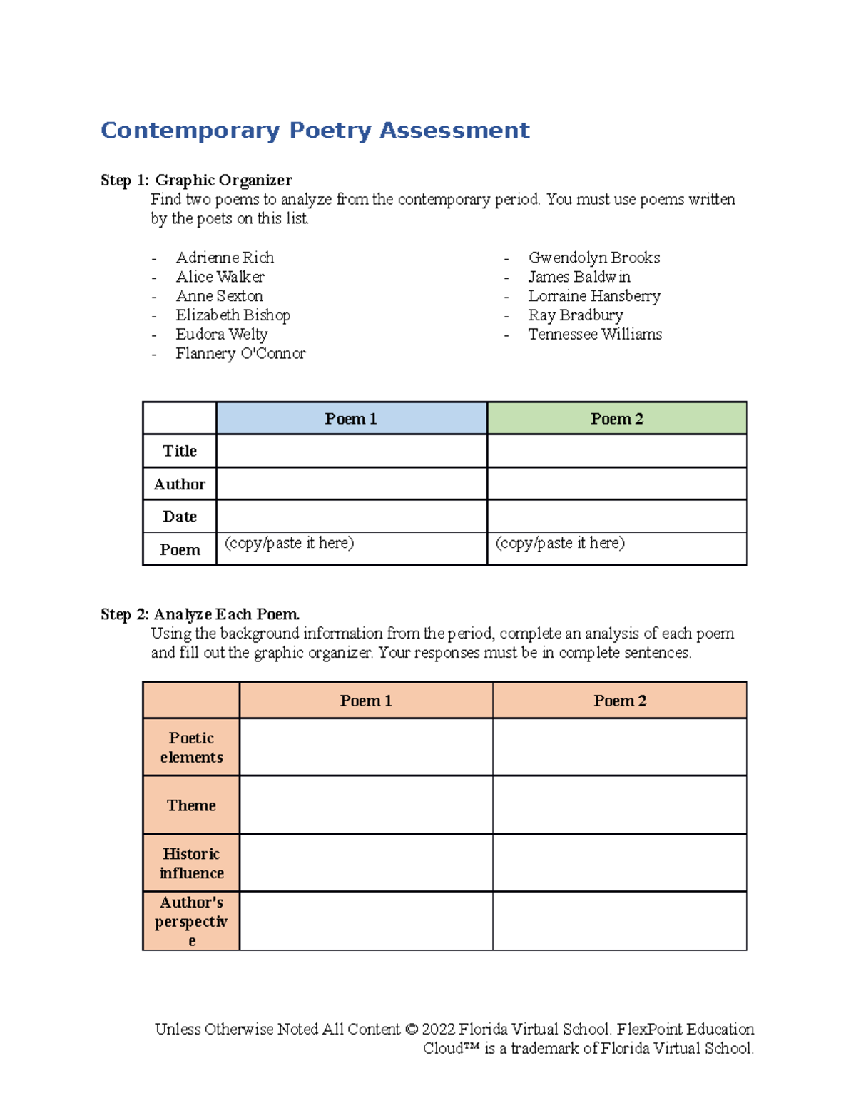 Contemporary Poetry Assess Rubric - Contemporary Poetry Assessment Step ...