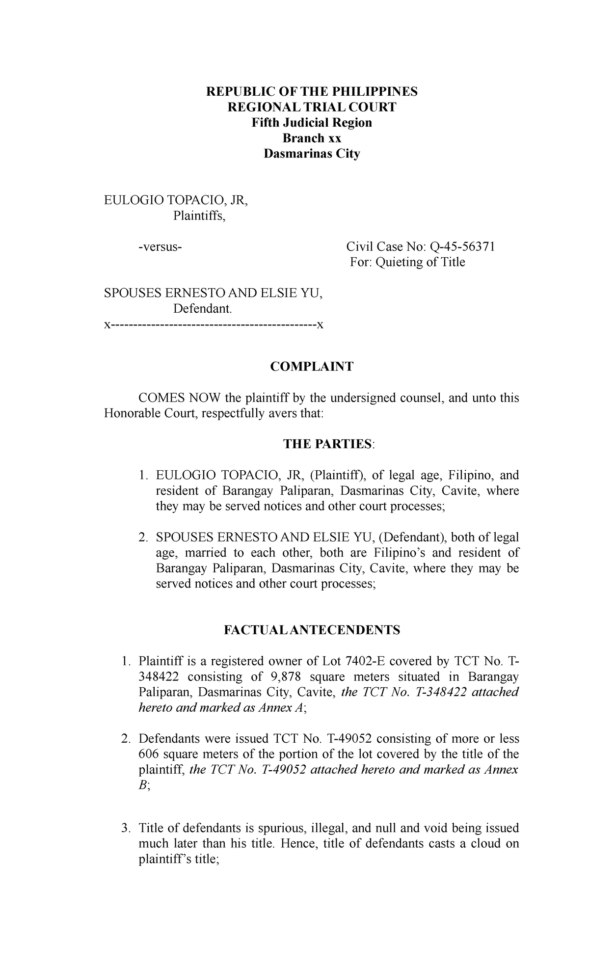 Complaint Quieting of Title - REPUBLIC OF THE PHILIPPINES REGIONAL ...