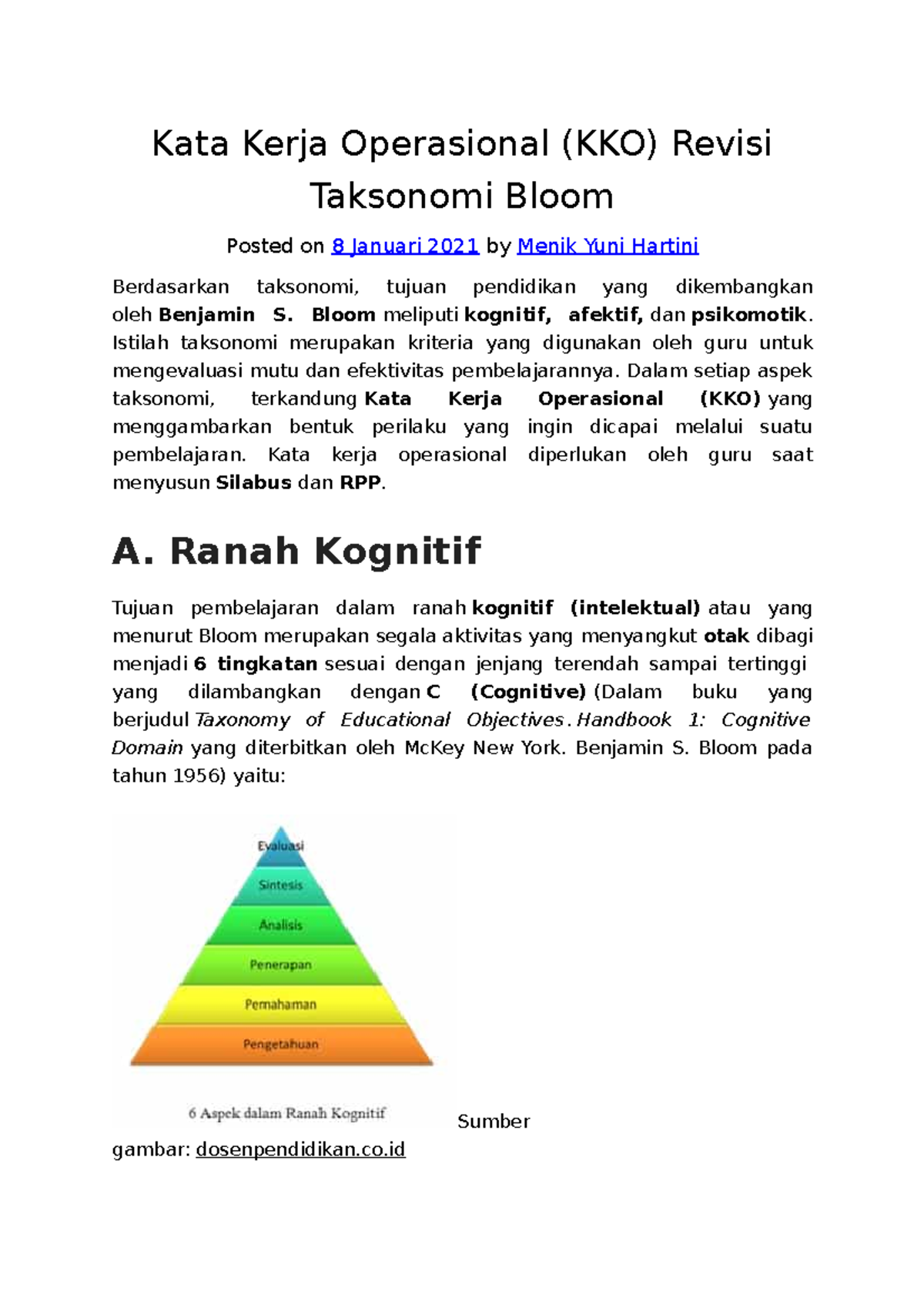 Kata Kerja Operasional - Bloom meliputi kognitif, afektif, dan ...