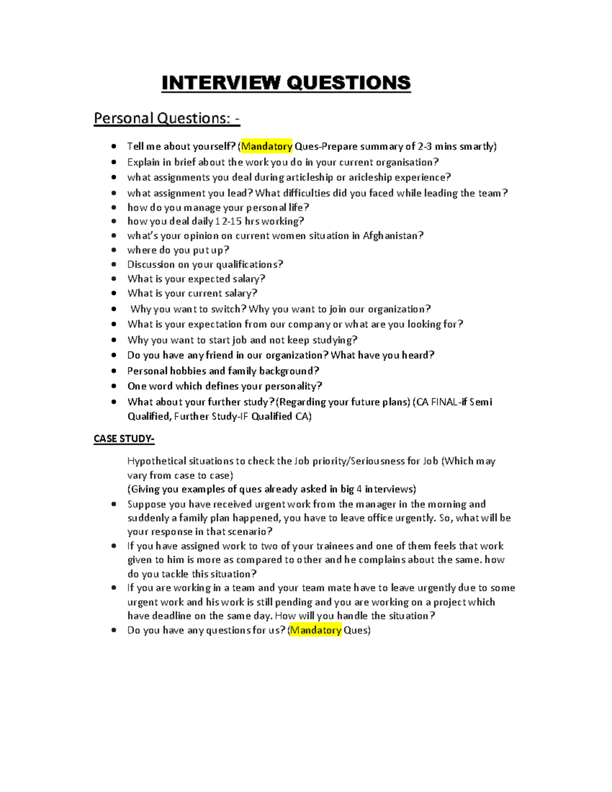 Compilation of Audit Interview Questions - INTERVIEW QUESTIONS Personal ...