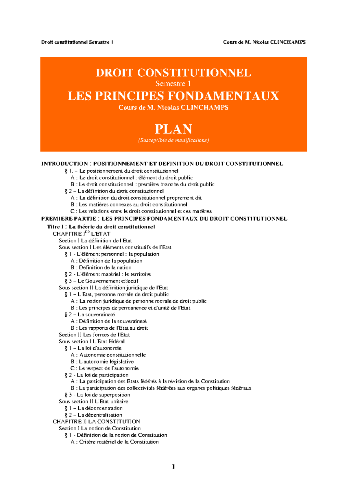 Droit Constitutionnel 1 S1 PLAN - Droit Constitutionnel Semestre 1 ...