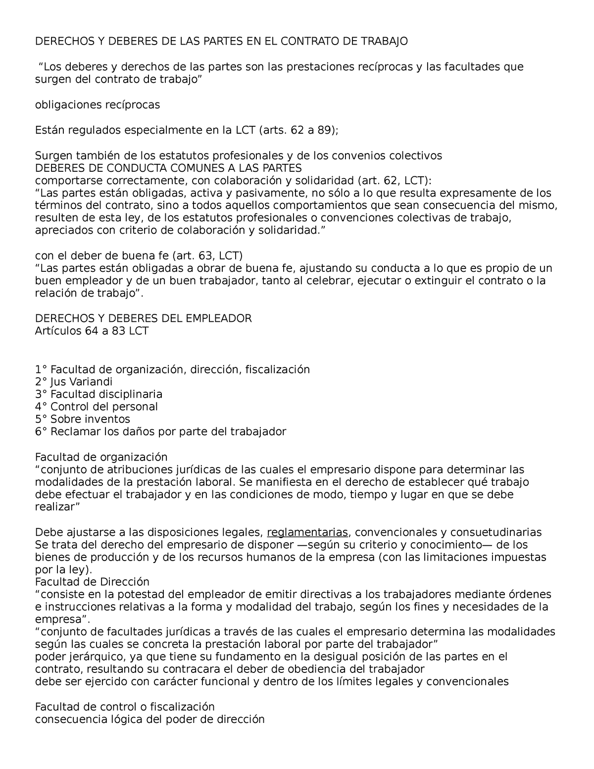 Derechos Y Deberes DE LAS Partes EN EL Contrato DE Trabajo - DERECHOS Y ...