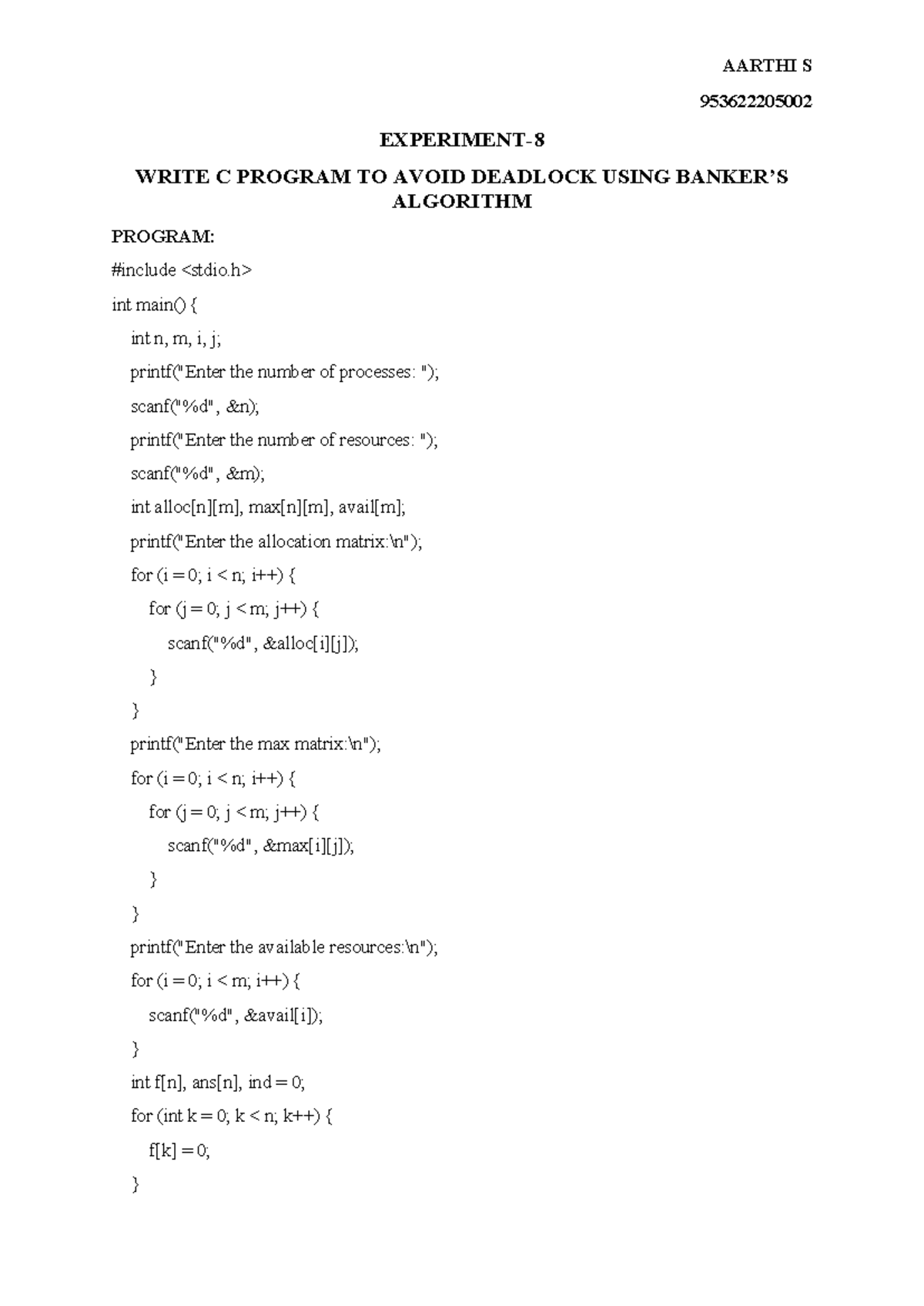 Experiment-8(OS) - operating system - AARTHI S 953622205002 EXPERIMENT ...