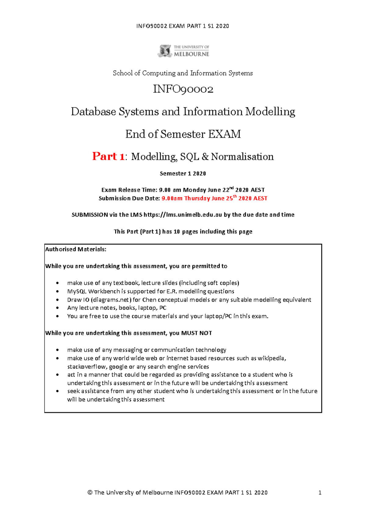 Semester1,2020 Final Exam - School Of Computing And Information Systems ...